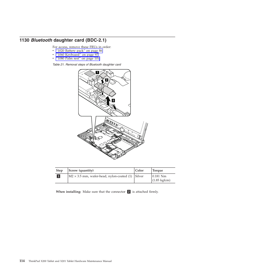 1130 bluetooth daughter card (bdc-2.1) | Lenovo X200 User Manual | Page 122 / 260