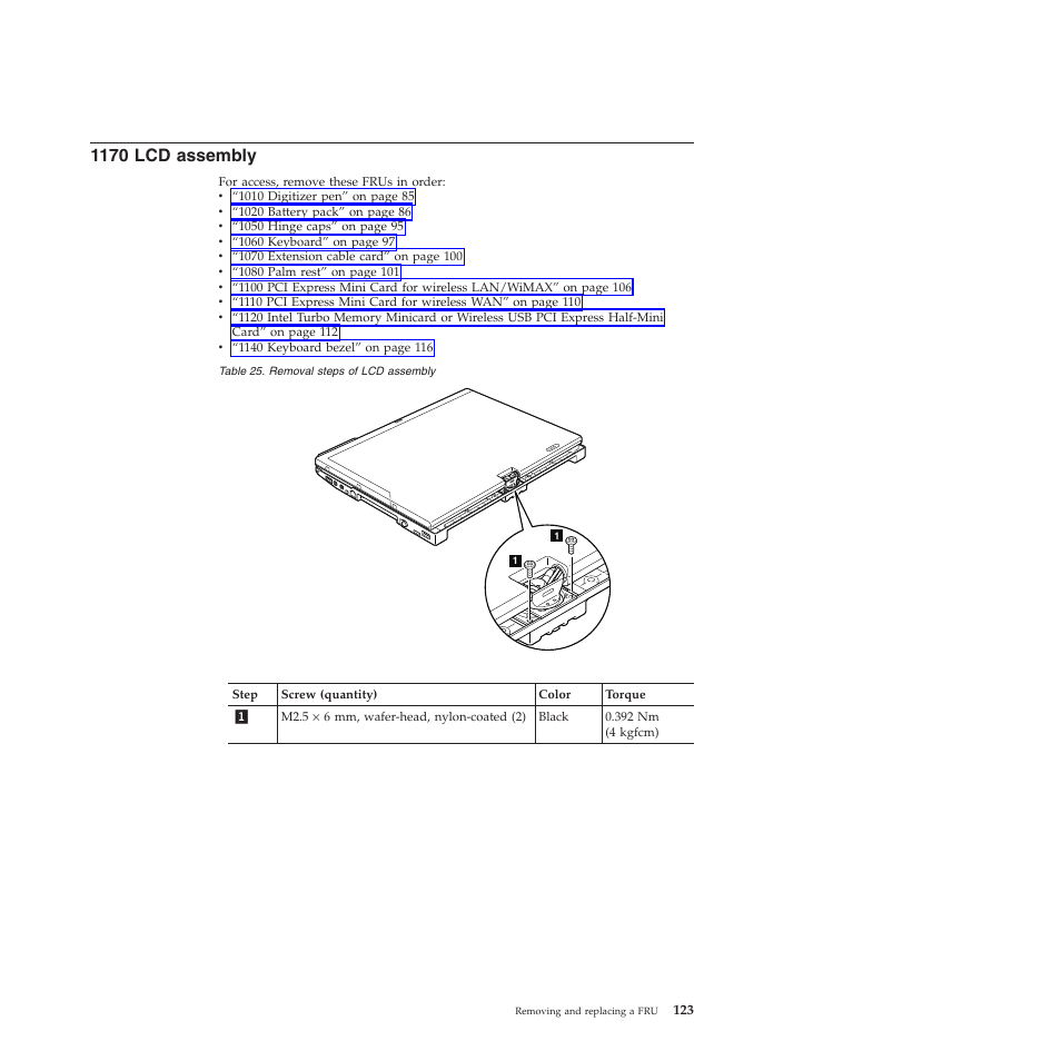 1170 lcd assembly | Lenovo X200 User Manual | Page 131 / 260