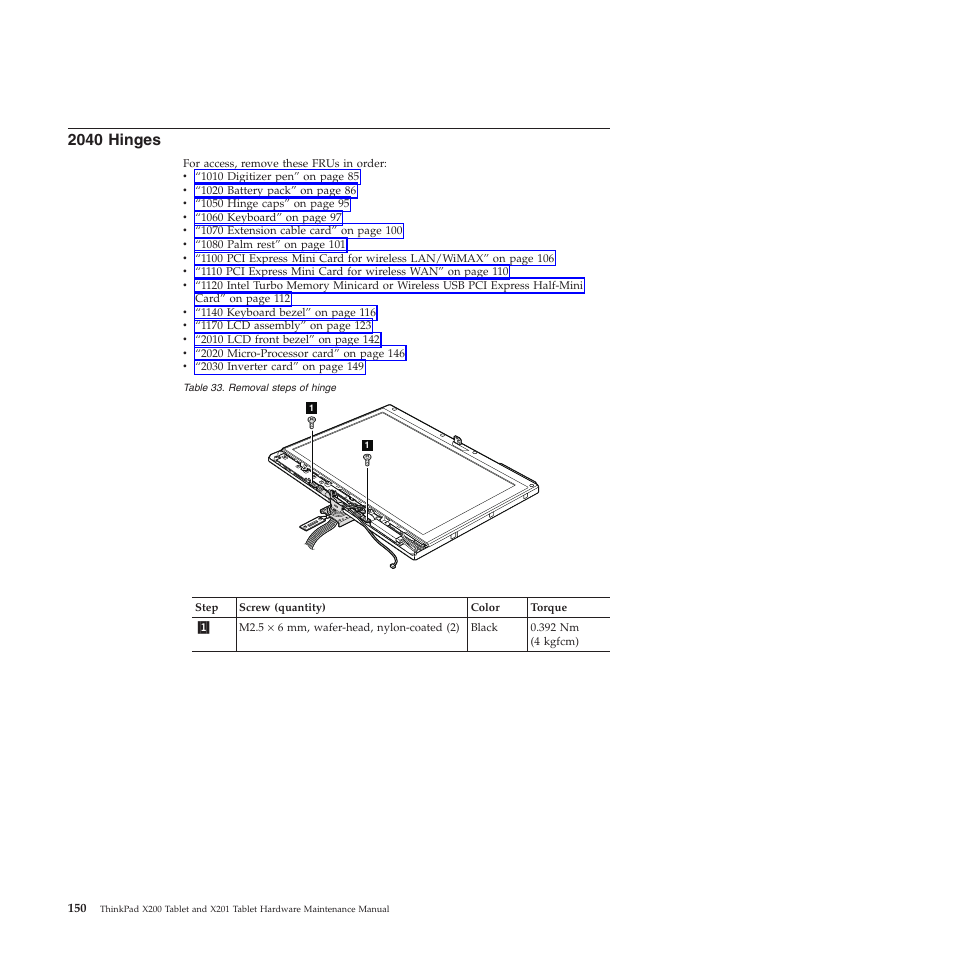 2040 hinges | Lenovo X200 User Manual | Page 158 / 260