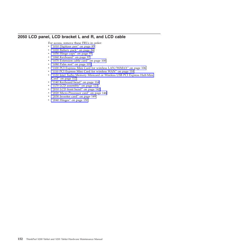 2050 lcd panel, lcd bracket l and r, and lcd cable | Lenovo X200 User Manual | Page 160 / 260