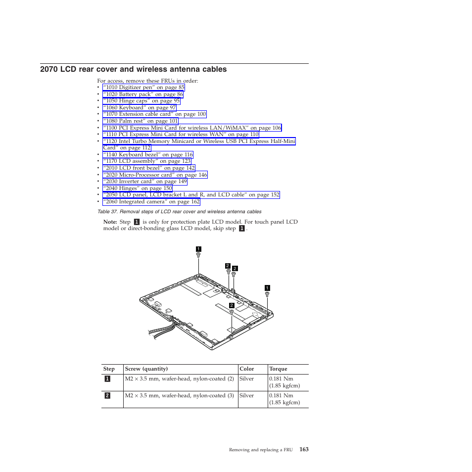 2070 lcd rear cover and wireless antenna cables | Lenovo X200 User Manual | Page 171 / 260