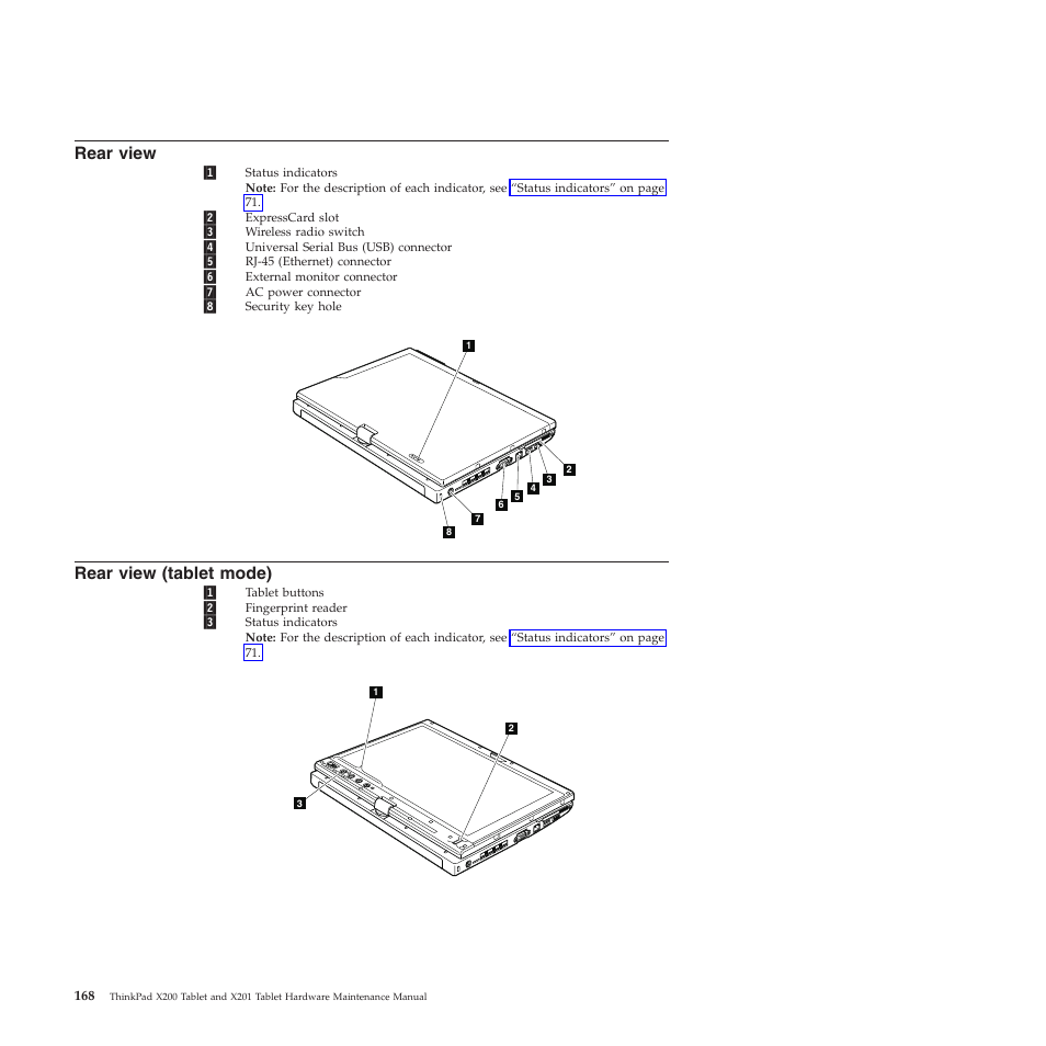 Rear view, Rear view (tablet mode) | Lenovo X200 User Manual | Page 176 / 260