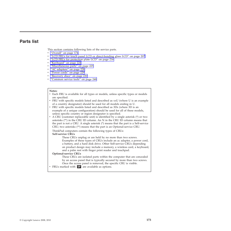 Parts list | Lenovo X200 User Manual | Page 181 / 260