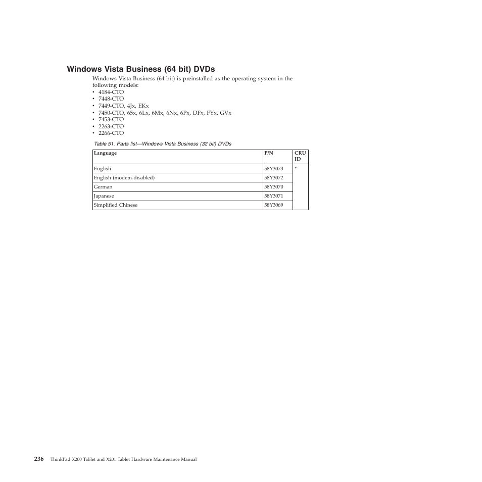 Windows vista business (64 bit) dvds | Lenovo X200 User Manual | Page 244 / 260