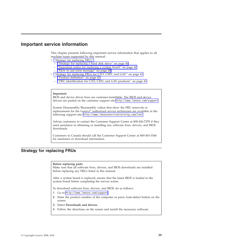 Important service information, Strategy for replacing frus | Lenovo X200 User Manual | Page 47 / 260