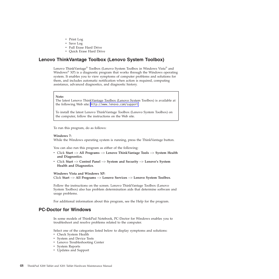 Pc-doctor for windows | Lenovo X200 User Manual | Page 56 / 260