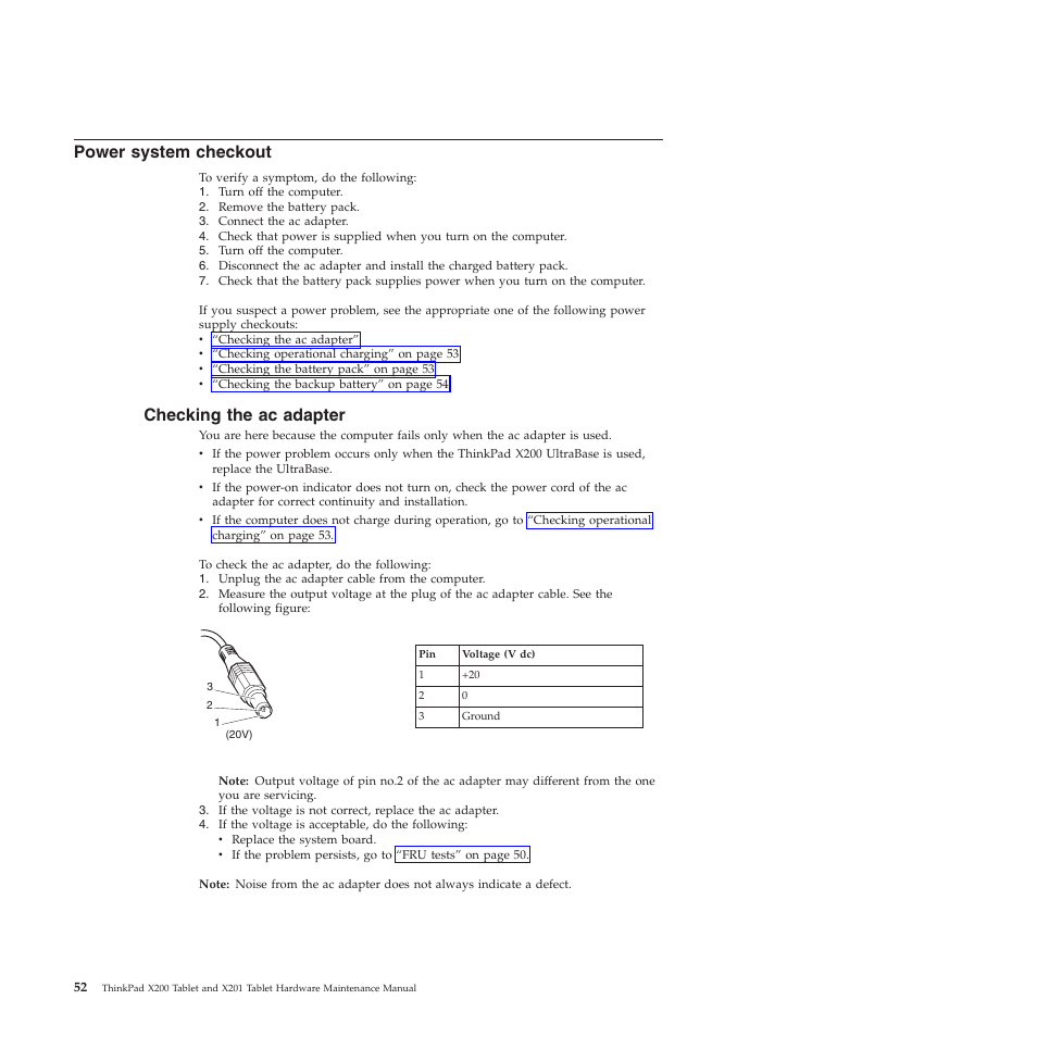 Power system checkout, Checking the ac adapter | Lenovo X200 User Manual | Page 60 / 260