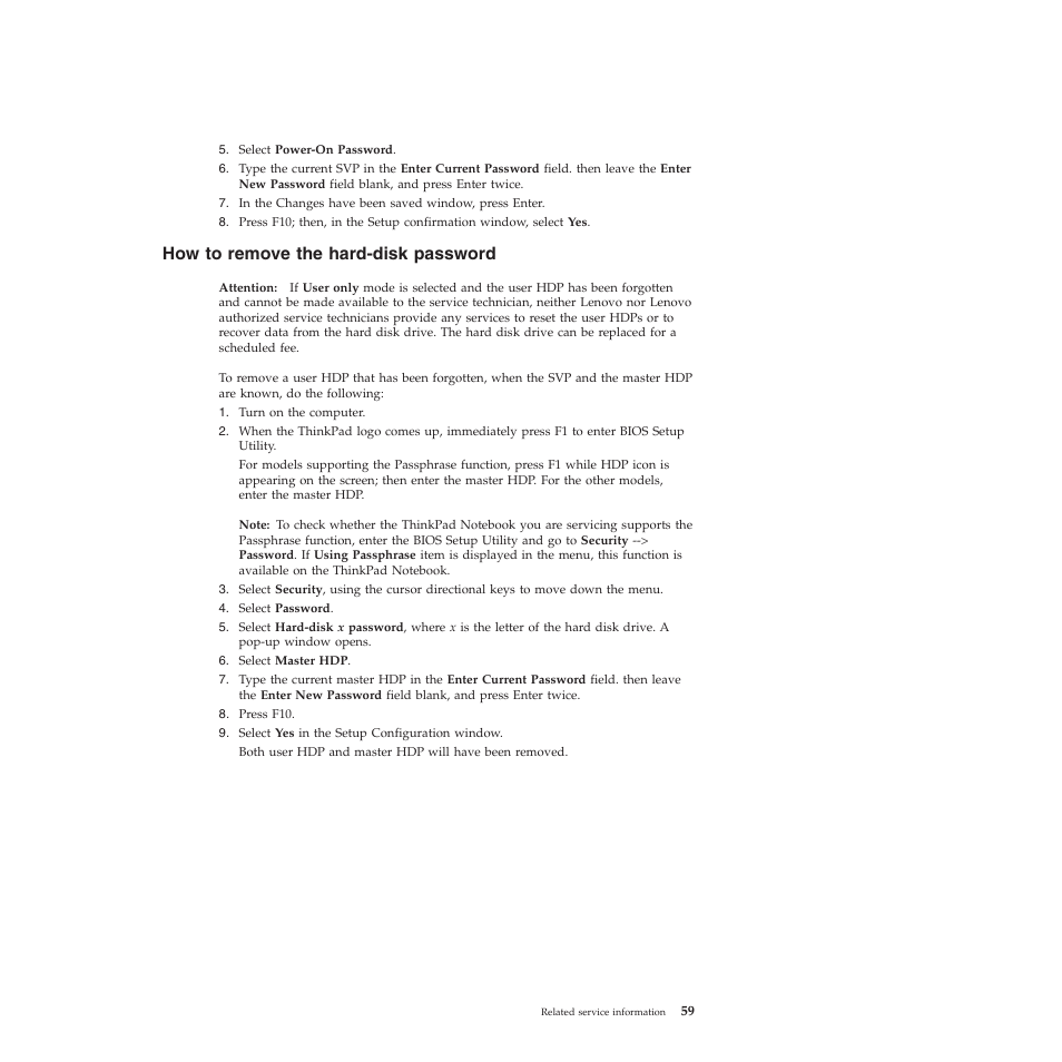 How to remove the hard-disk password | Lenovo X200 User Manual | Page 67 / 260