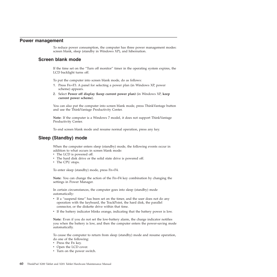 Power management, Screen blank mode, Sleep (standby) mode | Lenovo X200 User Manual | Page 68 / 260