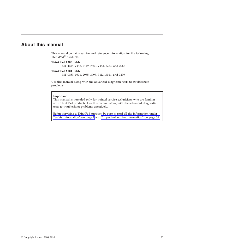 About this manual, About this manual . . . . . . . . . . v | Lenovo X200 User Manual | Page 7 / 260