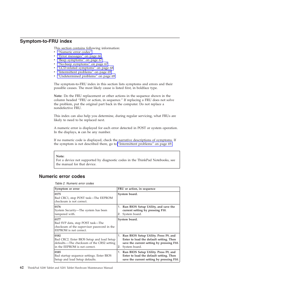 Symptom-to-fru index, Numeric error codes | Lenovo X200 User Manual | Page 70 / 260