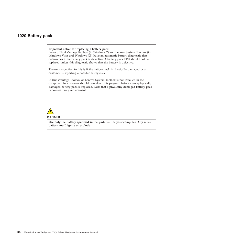 1020 battery pack | Lenovo X200 User Manual | Page 94 / 260