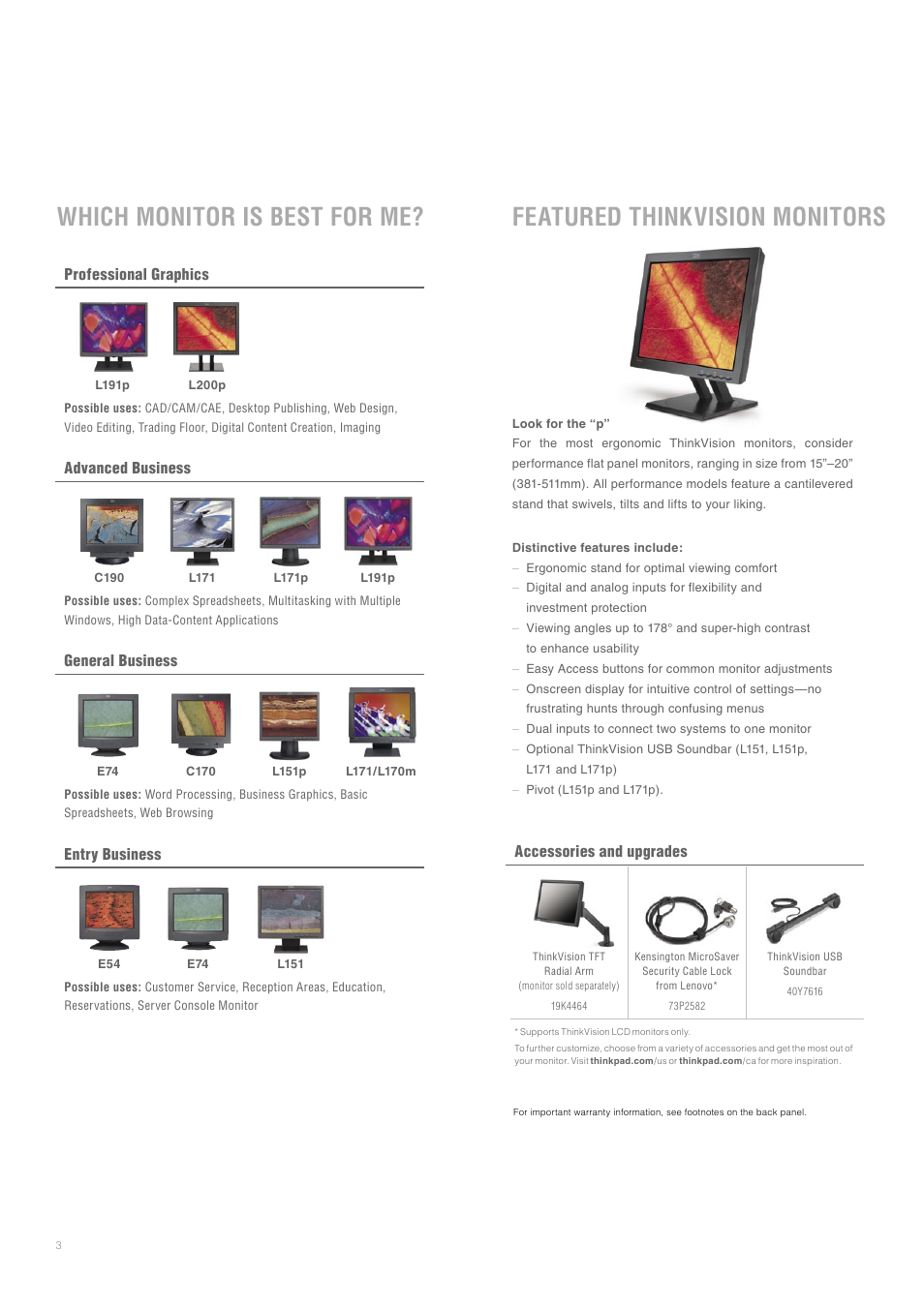 Featured thinkvision monitors, Which monitor is best for me, Accessories and upgrades | Professional graphics, Advanced business, General business, Entry business | Lenovo ThinkVision User Manual | Page 3 / 7