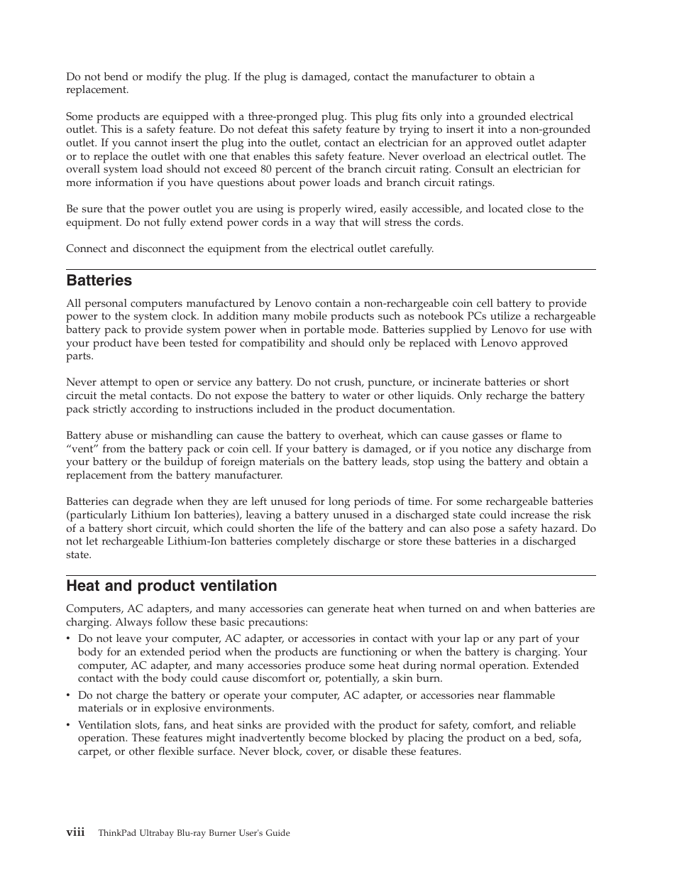 Batteries, Heat and product ventilation, Viii | Heat, Product, Ventilation | Lenovo ThinkPad 43N3201 User Manual | Page 10 / 46