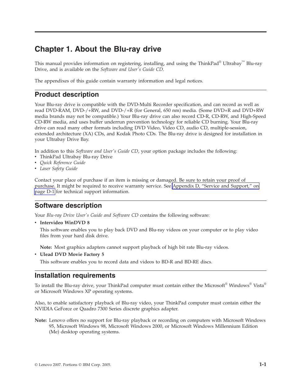 Chapter 1. about the blu-ray drive, Product description, Software description | Installation requirements, Chapter, About, Blu-ray, Drive, Product, Description | Lenovo ThinkPad 43N3201 User Manual | Page 11 / 46