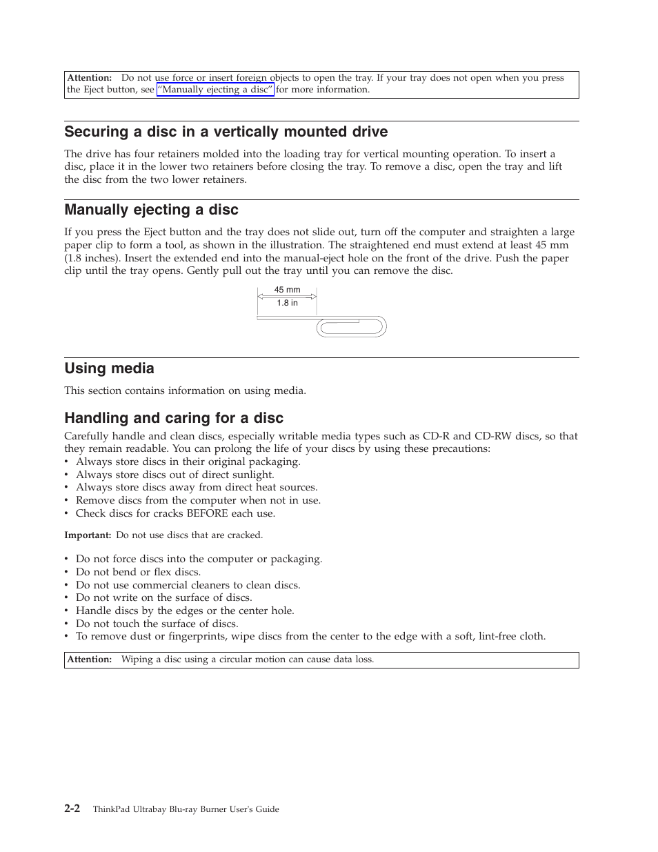 Securing a disc in a vertically mounted drive, Manually ejecting a disc, Using media | Handling and caring for a disc, Securing, Disc, Vertically, Mounted, Drive, Manually | Lenovo ThinkPad 43N3201 User Manual | Page 14 / 46