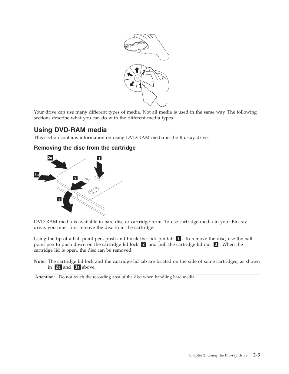 Using dvd-ram media, Removing the disc from the cartridge, Using | Dvd-ram, Media, Removing, Disc, From, Cartridge | Lenovo ThinkPad 43N3201 User Manual | Page 15 / 46