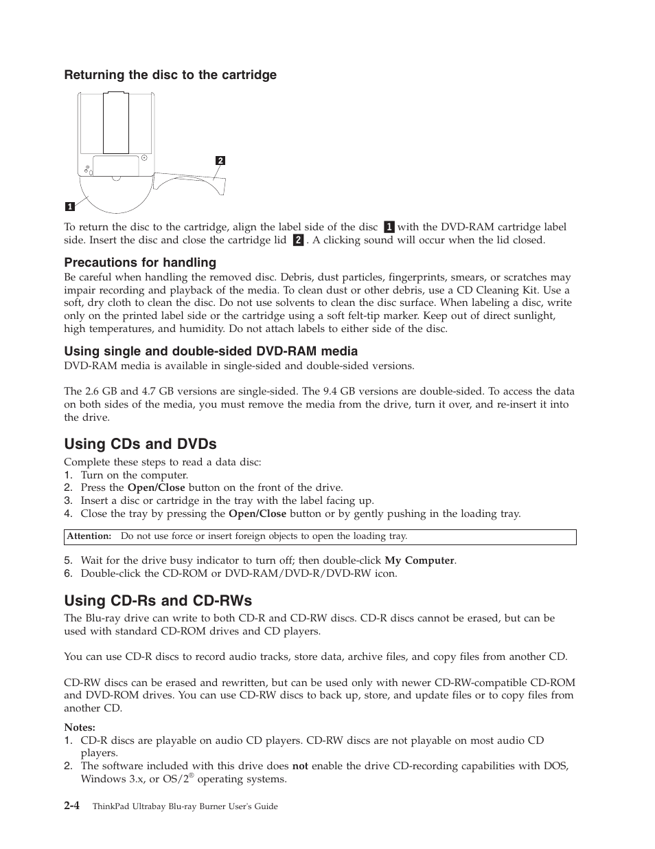 Returning the disc to the cartridge, Precautions for handling, Using single and double-sided dvd-ram media | Using cds and dvds, Using cd-rs and cd-rws, Using, Dvds, Cd-rs, Cd-rws | Lenovo ThinkPad 43N3201 User Manual | Page 16 / 46