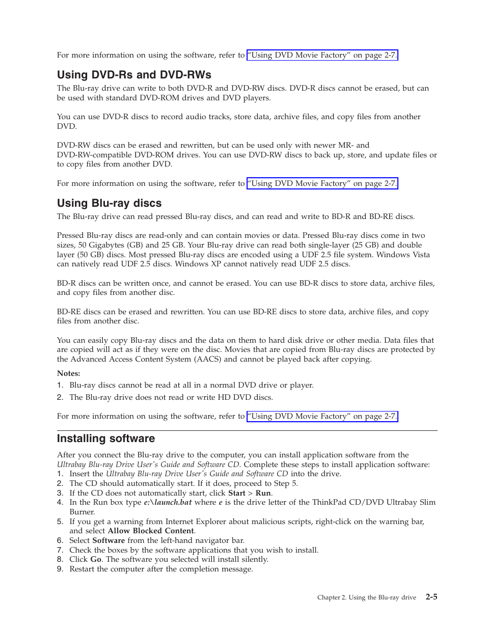 Using dvd-rs and dvd-rws, Using blu-ray discs, Installing software | Using, Dvd-rs, Dvd-rws, Blu-ray, Discs, Installing, Software | Lenovo ThinkPad 43N3201 User Manual | Page 17 / 46