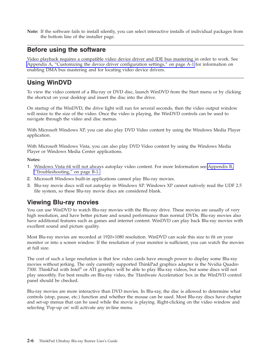 Before using the software, Using windvd, Viewing blu-ray movies | Before, Using, Software, Windvd, Viewing, Blu-ray, Movies | Lenovo ThinkPad 43N3201 User Manual | Page 18 / 46