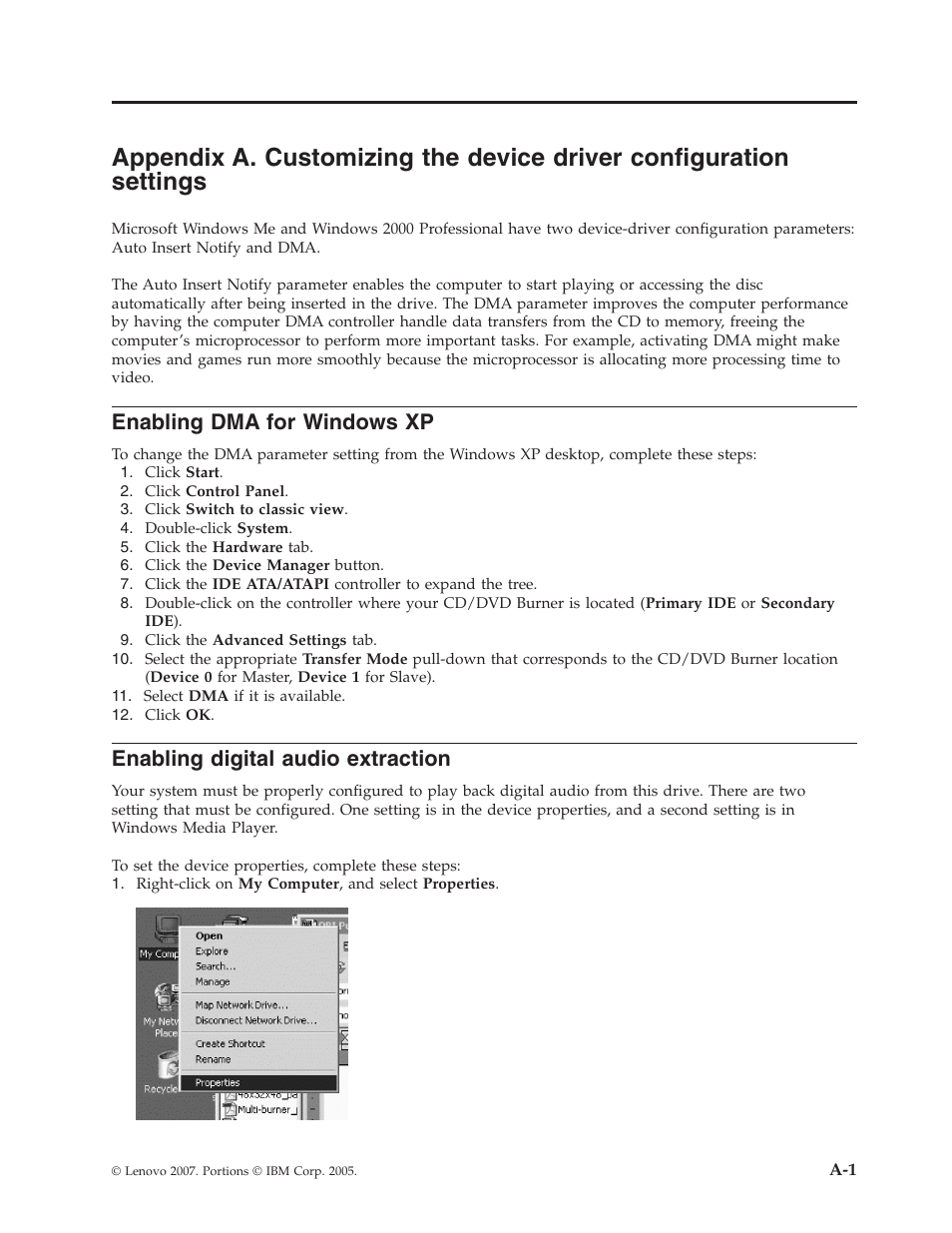 Enabling dma for windows xp, Enabling digital audio extraction, Appendix | Customizing, Device, Driver, Configuration, Settings, Enabling, Windows | Lenovo ThinkPad 43N3201 User Manual | Page 23 / 46
