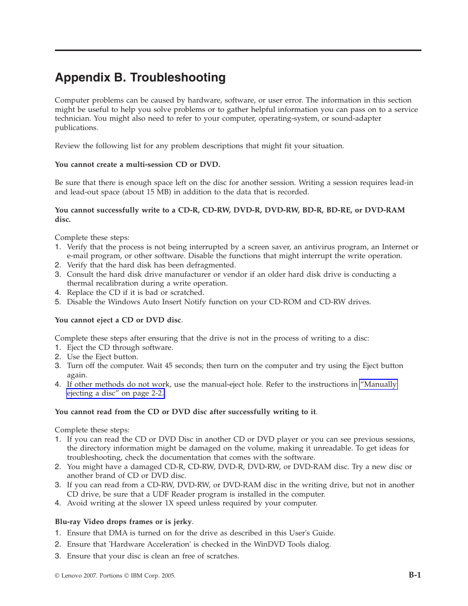 Appendix b. troubleshooting, Appendix, Troubleshooting | Lenovo ThinkPad 43N3201 User Manual | Page 27 / 46