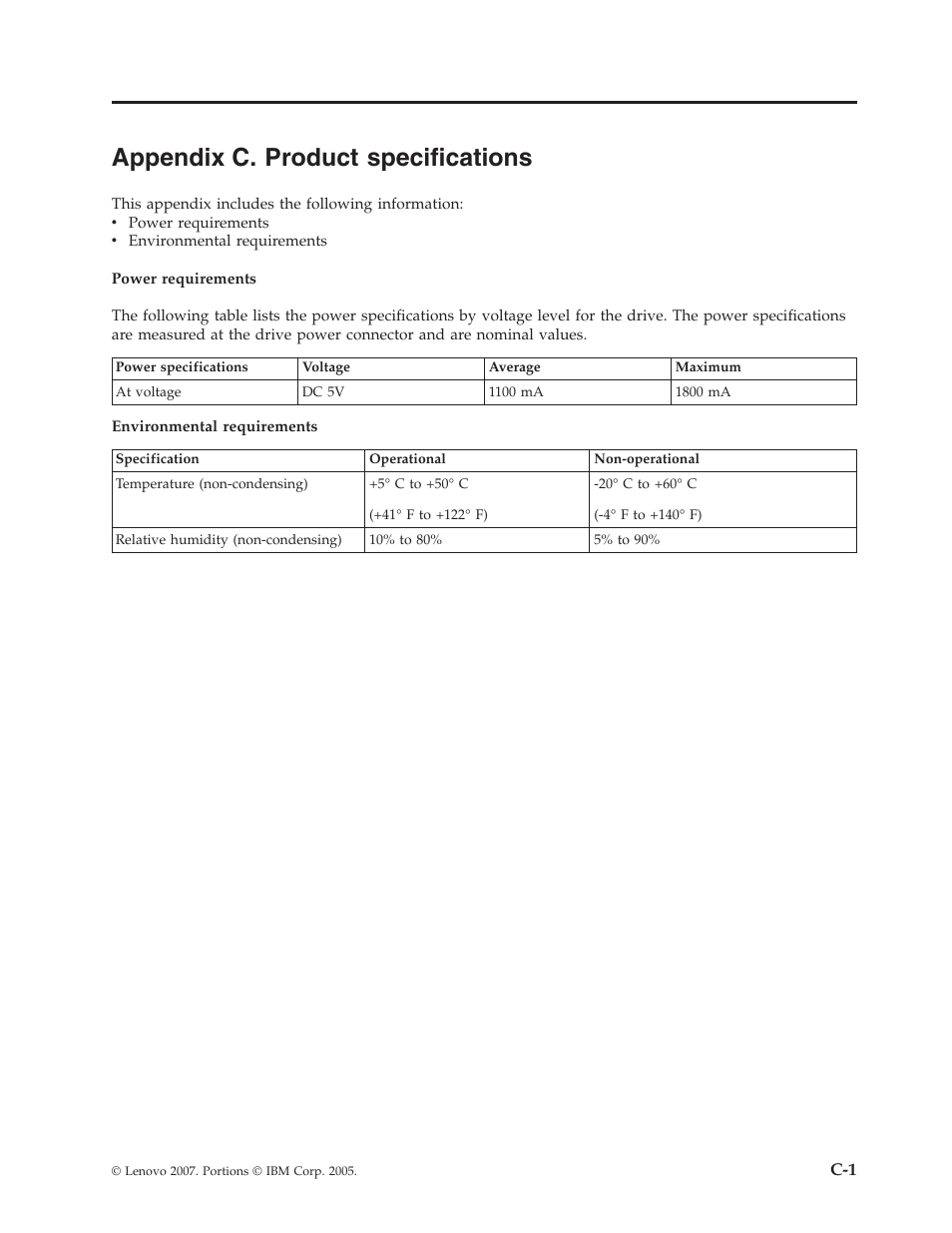 Appendix c. product specifications, Appendix, Product | Specifications | Lenovo ThinkPad 43N3201 User Manual | Page 29 / 46