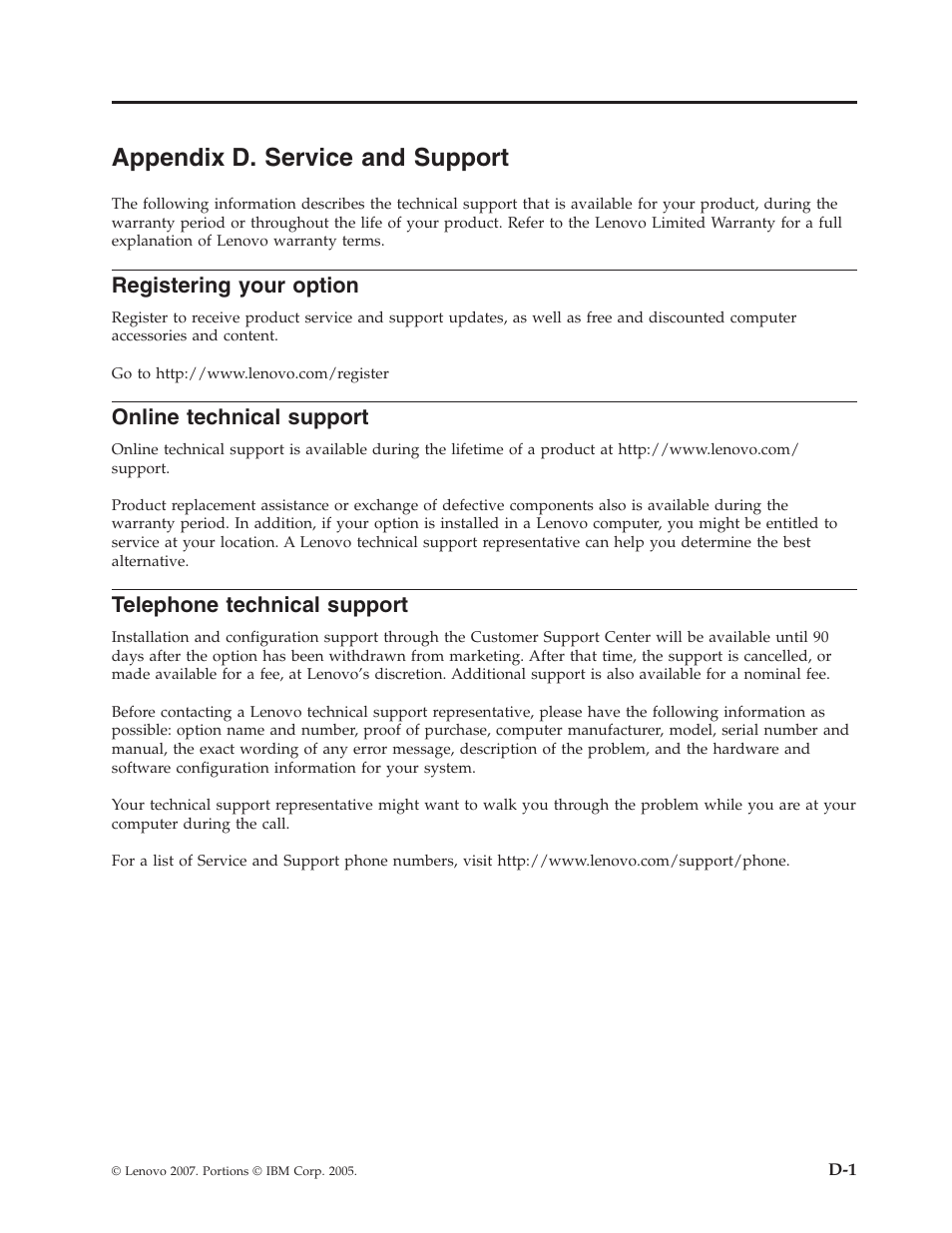 Appendix d. service and support, Registering your option, Online technical support | Telephone technical support, Appendix, Service, Support, Registering, Your, Option | Lenovo ThinkPad 43N3201 User Manual | Page 31 / 46