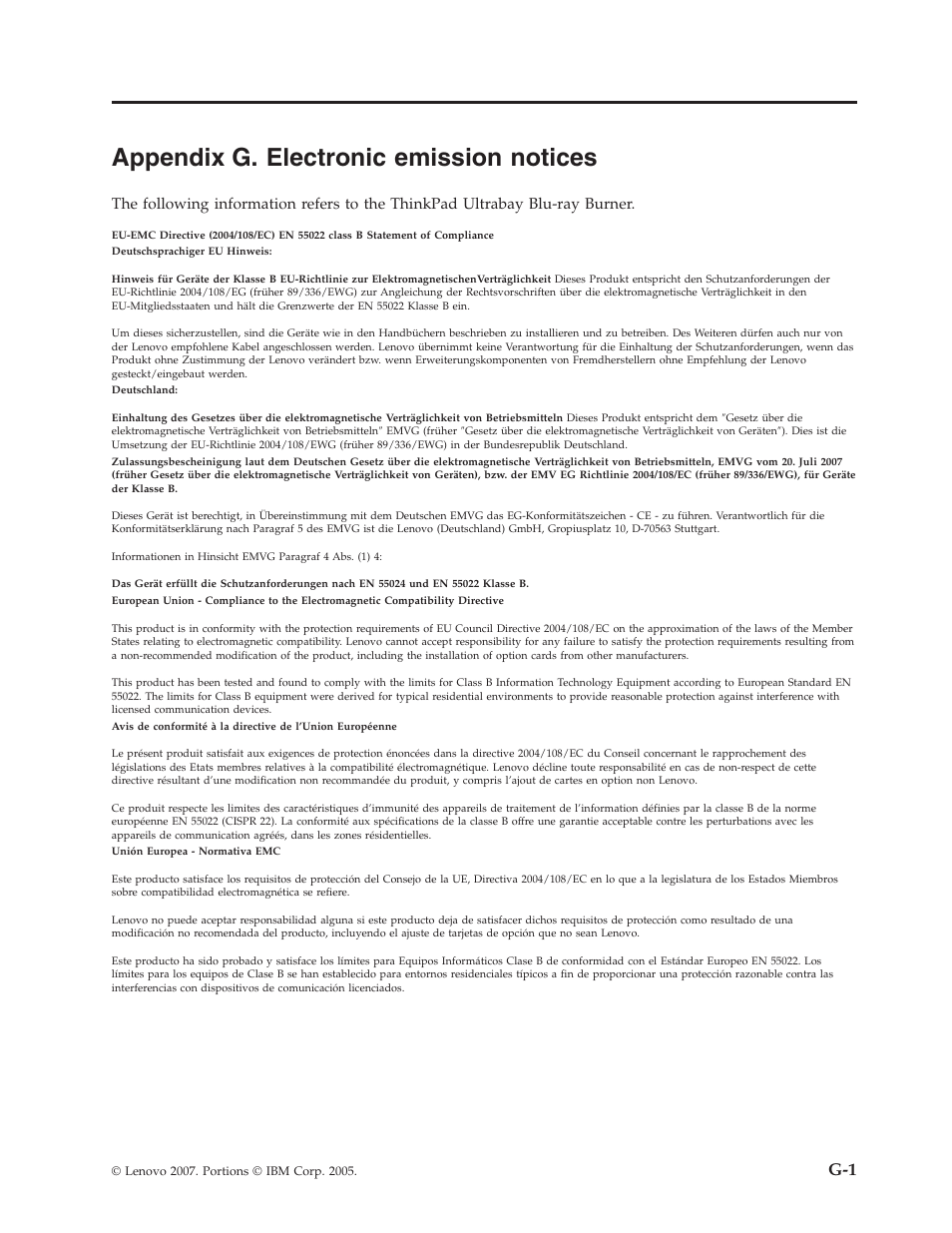 Appendix g. electronic emission notices, Appendix, Electronic | Emission, Notices | Lenovo ThinkPad 43N3201 User Manual | Page 41 / 46