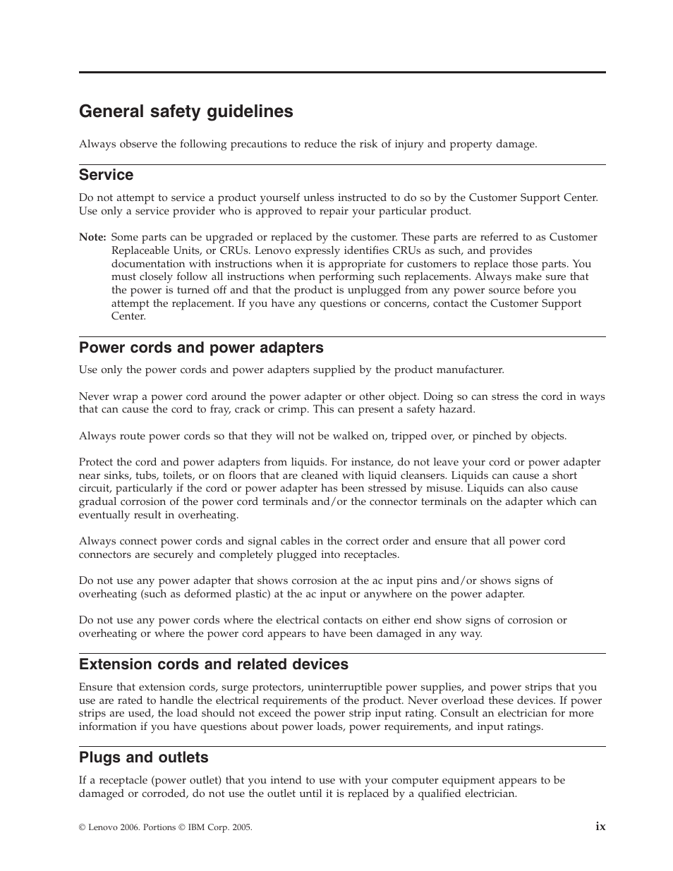 General safety guidelines, Service, Power cords and power adapters | Extension cords and related devices, Plugs and outlets, General, Safety, Guidelines, Power, Cords | Lenovo ThinkCentre 41N5626 User Manual | Page 11 / 72
