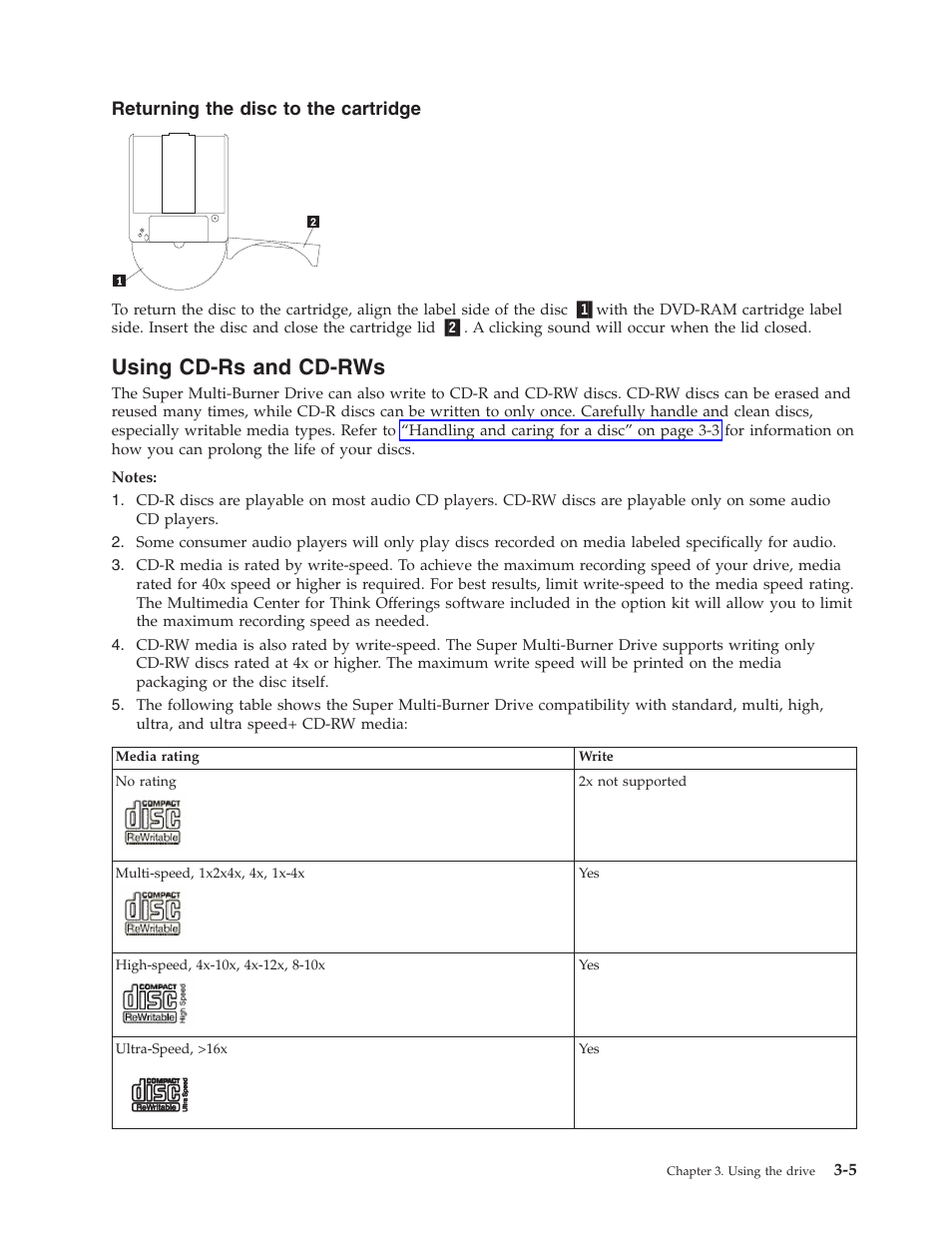 Returning the disc to the cartridge, Using cd-rs and cd-rws, Using | Cd-rs, Cd-rws, Returning, Disc, Cartridge | Lenovo ThinkCentre 41N5626 User Manual | Page 25 / 72