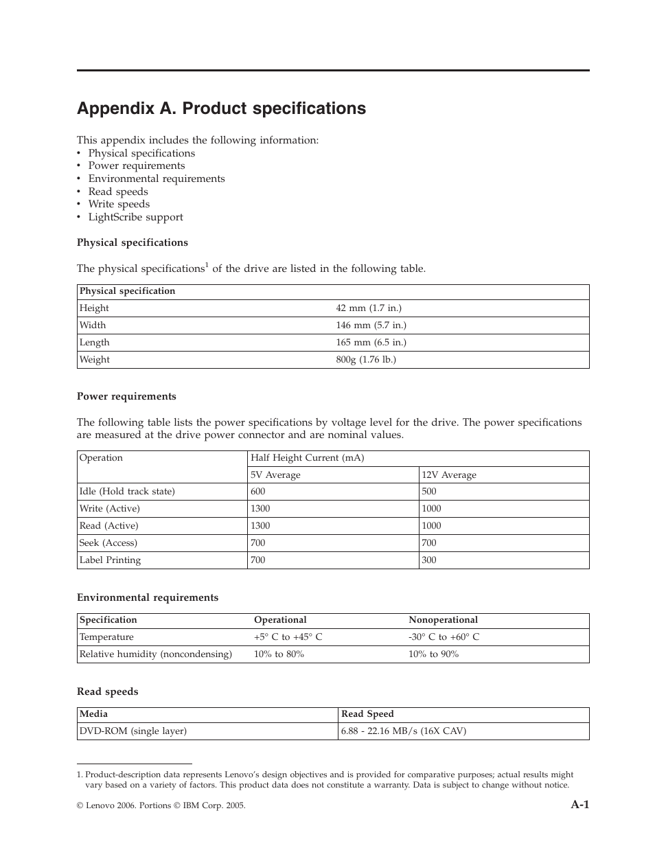 Appendix a. product specifications, Appendix, Product | Specifications | Lenovo ThinkCentre 41N5626 User Manual | Page 33 / 72