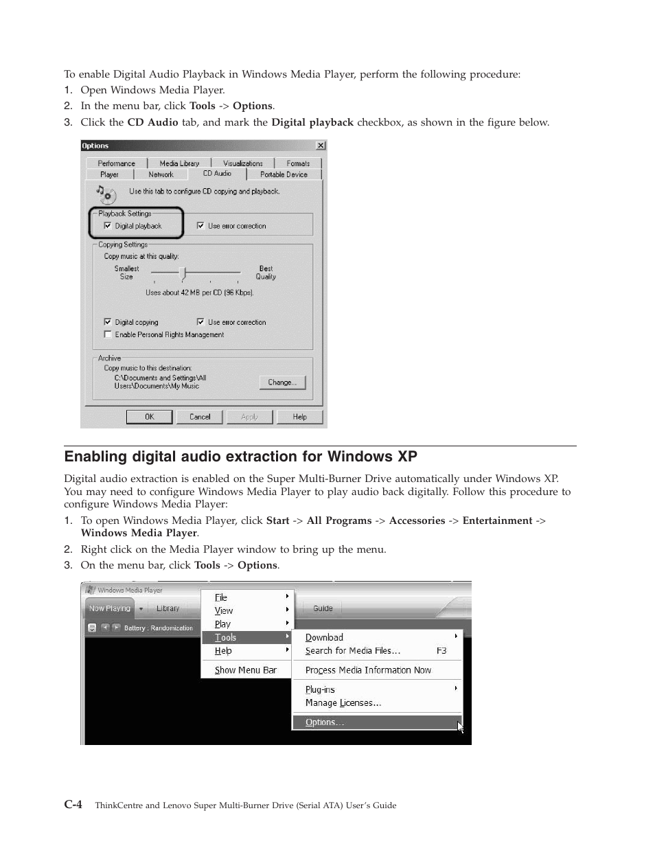 Enabling digital audio extraction for windows xp, Enabling, Digital | Audio, Extraction, Windows | Lenovo ThinkCentre 41N5626 User Manual | Page 42 / 72