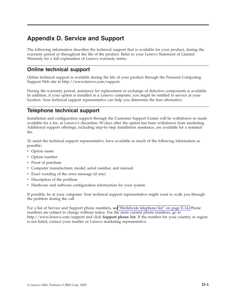 Appendix d. service and support, Online technical support, Telephone technical support | Appendix, Service, Support, Online, Technical, Telephone | Lenovo ThinkCentre 41N5626 User Manual | Page 45 / 72
