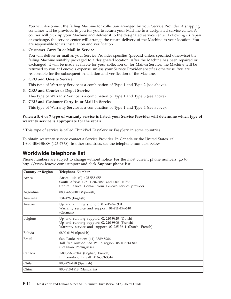Worldwide telephone list, Worldwide, Telephone | List, E-14, See“worldwide | Lenovo ThinkCentre 41N5626 User Manual | Page 60 / 72