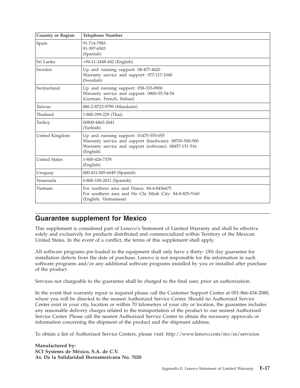 Guarantee supplement for mexico, Guarantee, Supplement | Mexico, E-17 | Lenovo ThinkCentre 41N5626 User Manual | Page 63 / 72