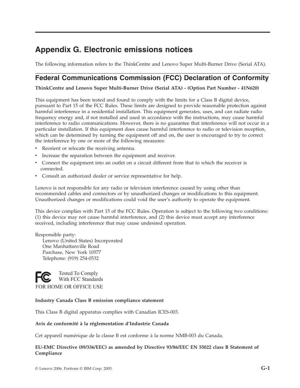 Appendix g. electronic emissions notices, Appendix, Electronic | Emissions, Notices, Federal, Communications, Commission, Fcc), Declaration | Lenovo ThinkCentre 41N5626 User Manual | Page 67 / 72