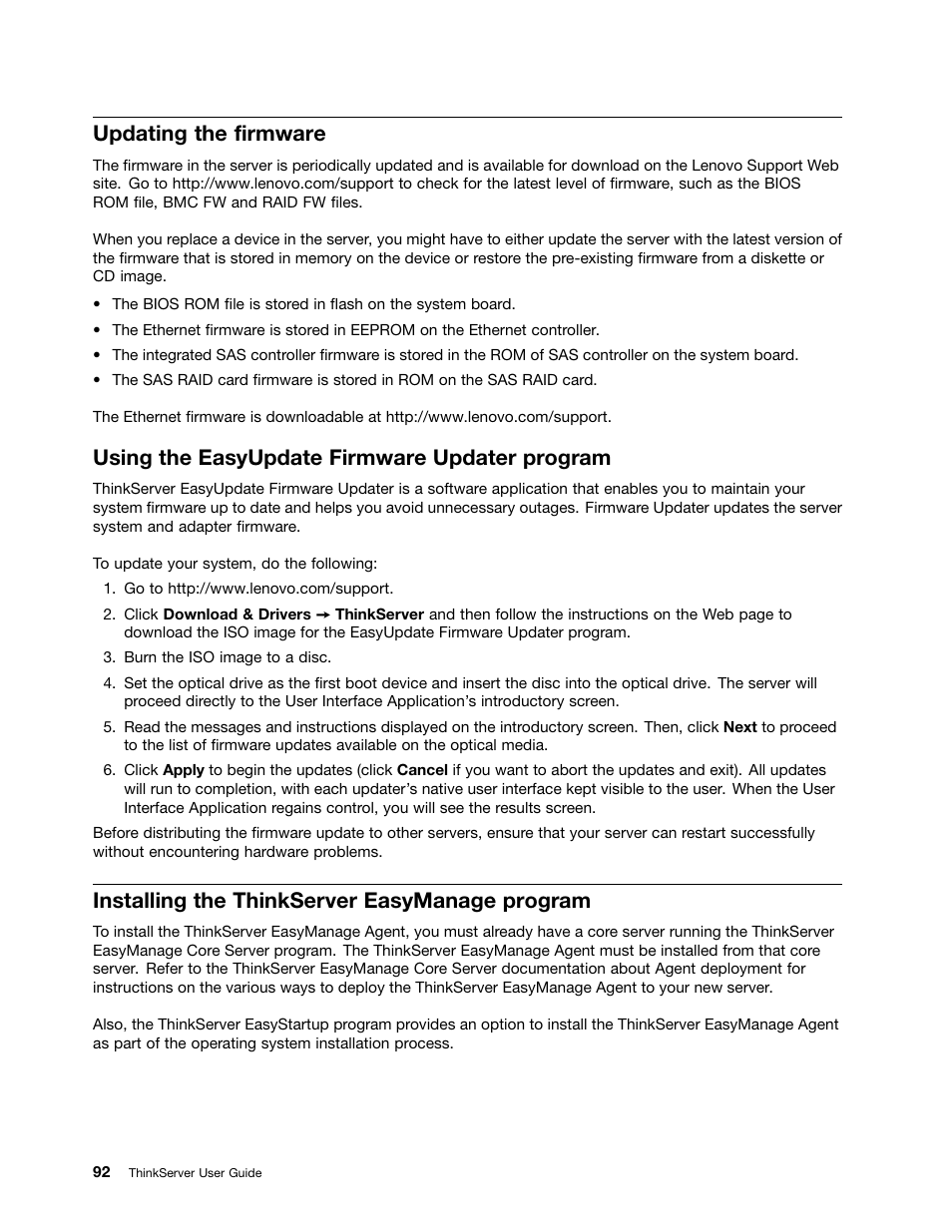 Updating the firmware, Using the easyupdate firmware updater program, Installing the thinkserver easymanage program | Lenovo 1047 User Manual | Page 104 / 140