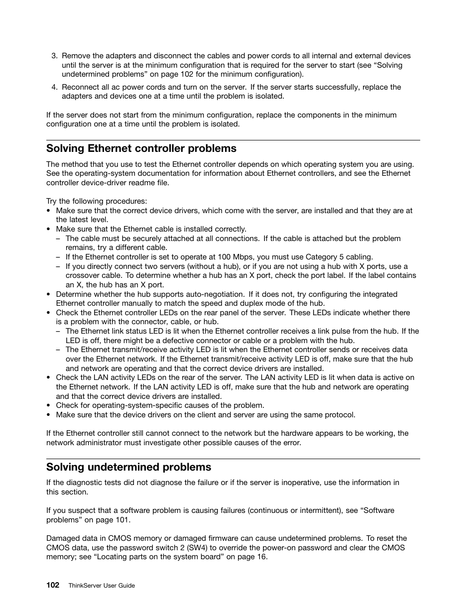 Solving ethernet controller problems, Solving undetermined problems | Lenovo 1047 User Manual | Page 114 / 140