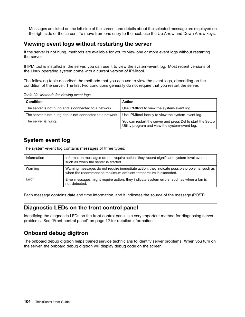 Viewing event logs without restarting the server, System event log, Diagnostic leds on the front control panel | Onboard debug digitron | Lenovo 1047 User Manual | Page 116 / 140