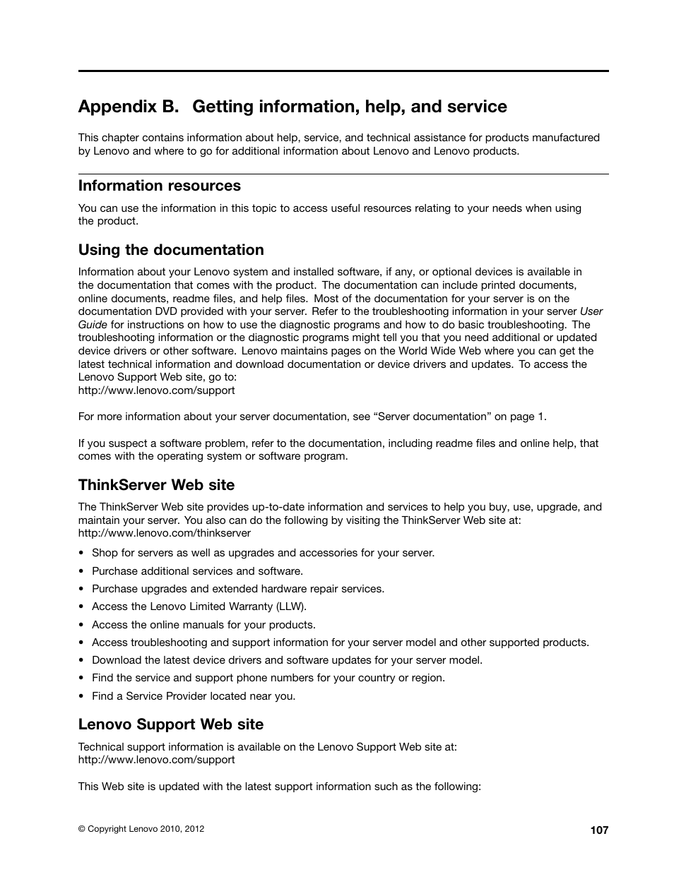 Appendix b. getting information, help, and service, Information resources, Using the documentation | Thinkserver web site, Lenovo support web site | Lenovo 1047 User Manual | Page 119 / 140