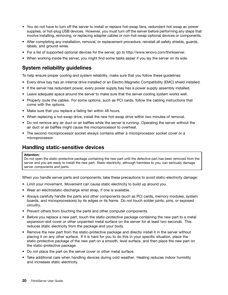 System reliability guidelines, Handling static-sensitive devices | Lenovo 1047 User Manual | Page 32 / 140