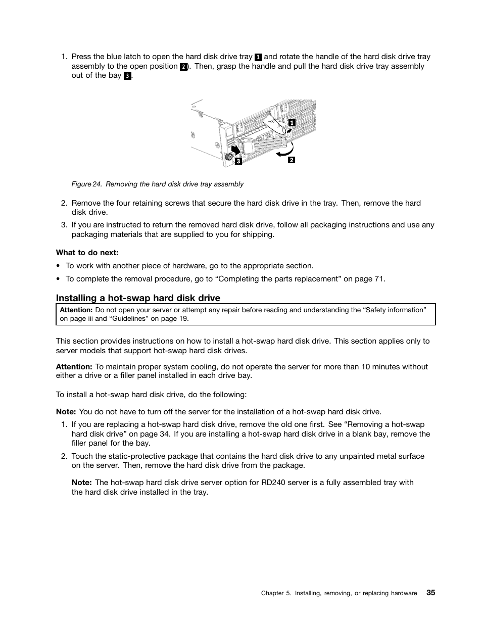 Installing a hot-swap hard disk drive | Lenovo 1047 User Manual | Page 47 / 140