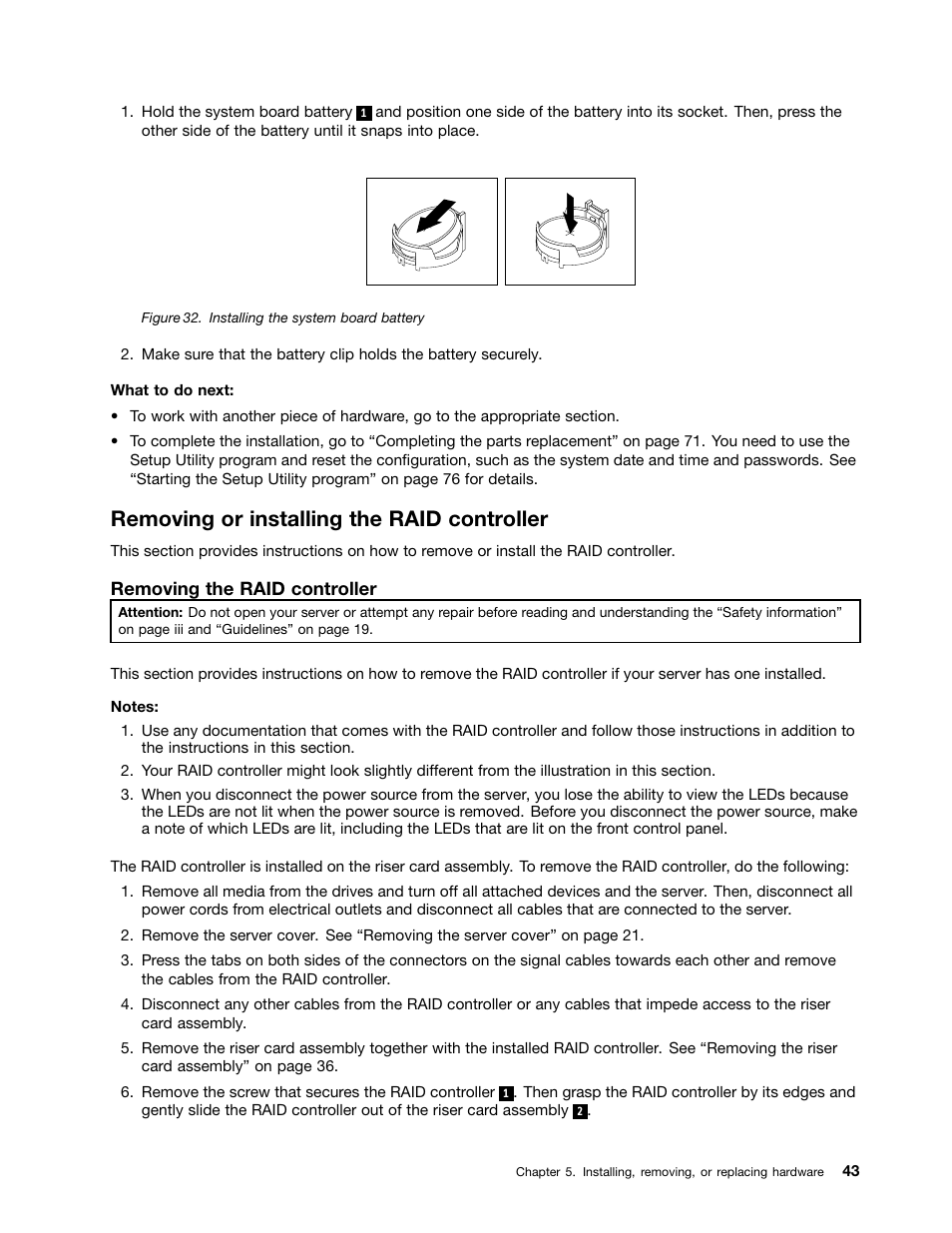 Removing or installing the raid controller | Lenovo 1047 User Manual | Page 55 / 140