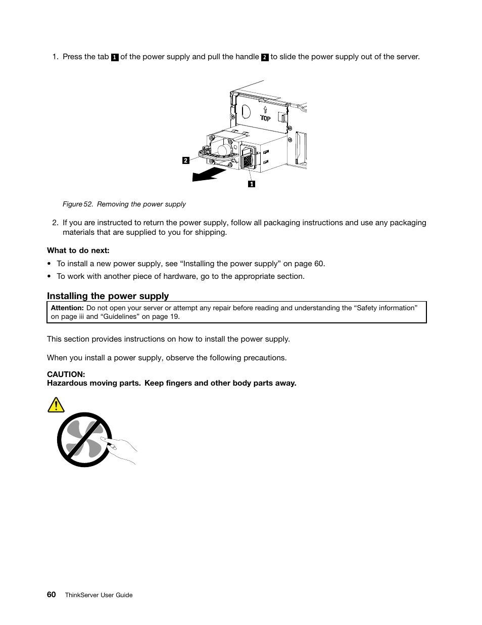 Installing the power supply | Lenovo 1047 User Manual | Page 72 / 140