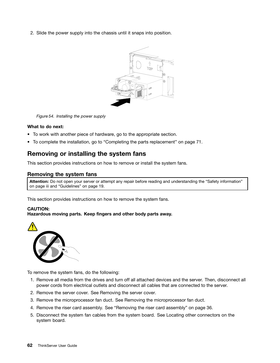 Removing or installing the system fans | Lenovo 1047 User Manual | Page 74 / 140