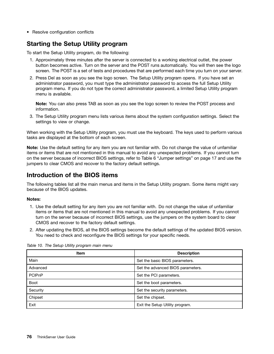 Starting the setup utility program, Introduction of the bios items | Lenovo 1047 User Manual | Page 88 / 140