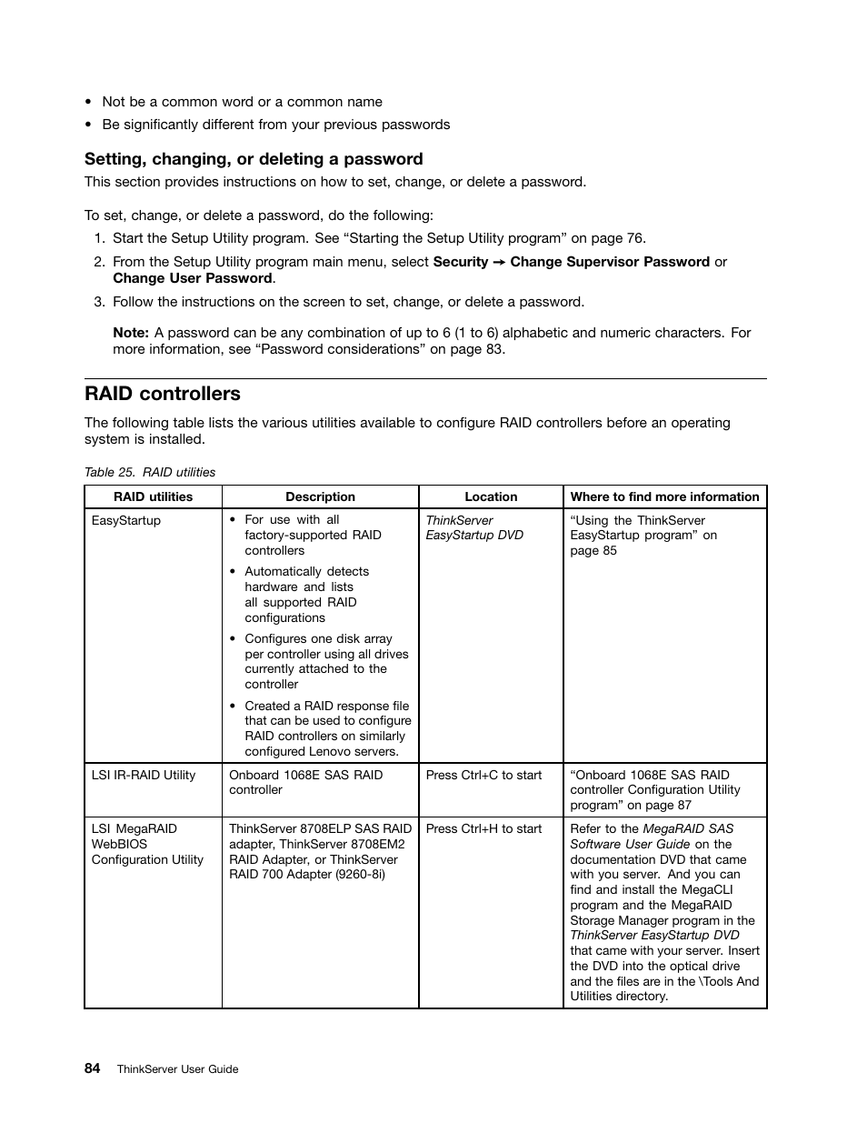 Raid controllers, Setting, changing, or deleting a password | Lenovo 1047 User Manual | Page 96 / 140