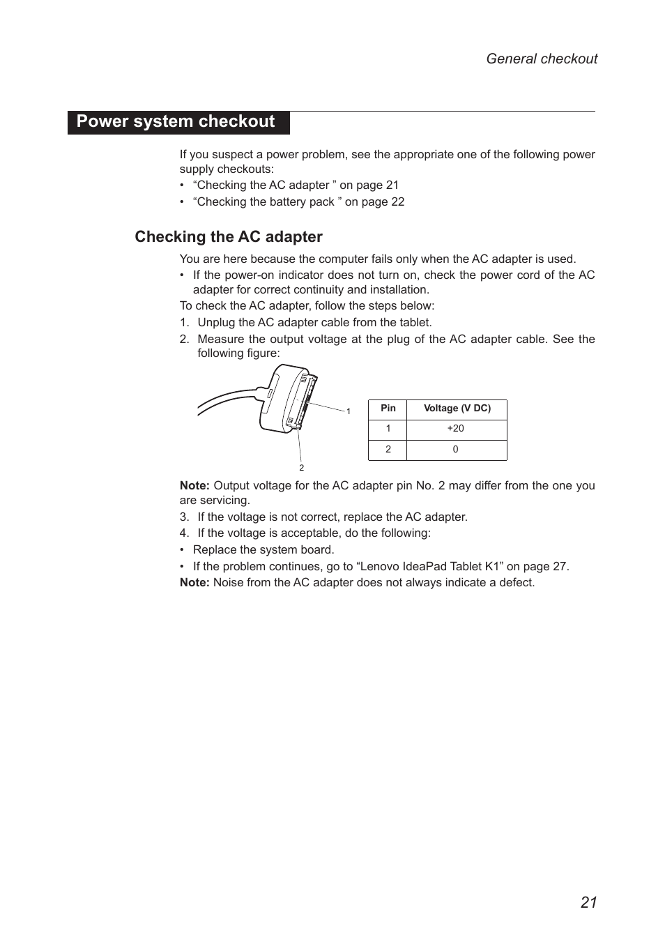 Power system checkout, Checking the ac adapter | Lenovo IDEAPAD K1 User Manual | Page 25 / 58