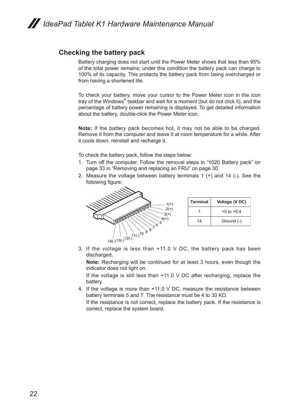 Checking the battery pack, Ideapad tablet k1 hardware maintenance manual | Lenovo IDEAPAD K1 User Manual | Page 26 / 58